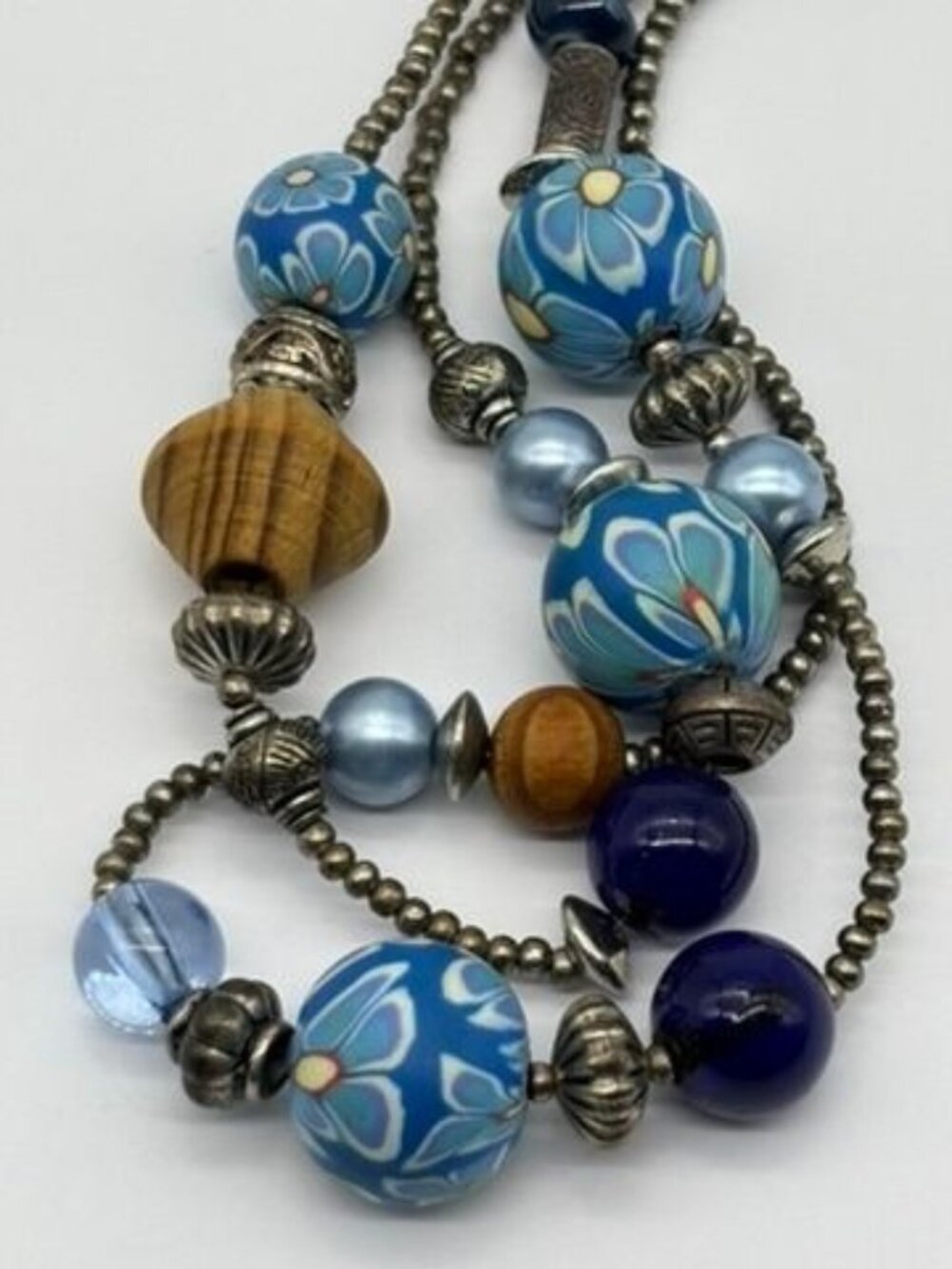 Artisan-Made Beaded Long Necklace Millefiori-Style W/Wood Glass Silver-Tone 36"